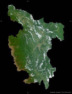 San Martin, Peru bölgesi. Sentinel-2 uydu görüntüleri. Siyah üzerine izole edilmiş şekil. Tanımı, başkentin yeri. Değiştirilmiş Kopernik Sentinel verileri içerir