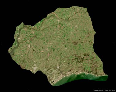 Canelones, Uruguay Departmanı. Sentinel-2 uydu görüntüleri. Siyah üzerine izole edilmiş şekil. Tanımı, başkentin yeri. Değiştirilmiş Kopernik Sentinel verileri içerir