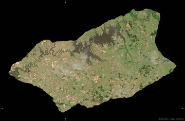 Durazno, Uruguay Departmanı. Sentinel-2 uydu görüntüleri. Siyah üzerine izole edilmiş şekil. Tanımı, başkentin yeri. Değiştirilmiş Kopernik Sentinel verileri içerir