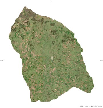 Flores, Uruguay Departmanı. Sentinel-2 uydu görüntüleri. Beyaz üzerinde izole edilmiş şekil. Tanımı, başkentin yeri. Değiştirilmiş Kopernik Sentinel verileri içerir