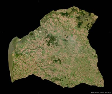 Soriano, Uruguay Departmanı. Sentinel-2 uydu görüntüleri. Siyah üzerine izole edilmiş şekil. Tanımı, başkentin yeri. Değiştirilmiş Kopernik Sentinel verileri içerir