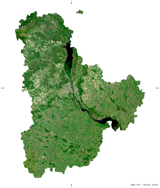 Kiev, region of Ukraine. Sentinel-2 satellite imagery. Shape isolated on white. Description, location of the capital. Contains modified Copernicus Sentinel data
