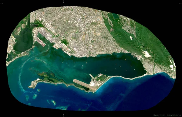 Kingston, parish of Jamaica. Sentinel-2 satellite imagery. Shape isolated on black. Description, location of the capital. Contains modified Copernicus Sentinel data