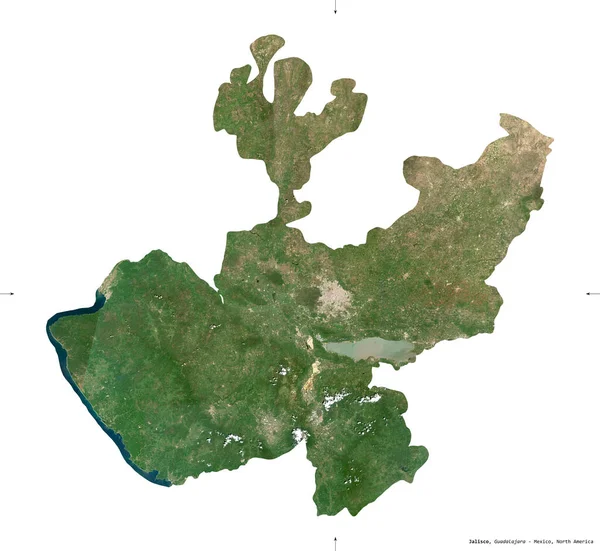 ハリスコ メキシコの州 センチネル 2衛星画像 白に隔離された形 首都の場所 修正されたコペルニクスセンチネルデータが含まれています — ストック写真