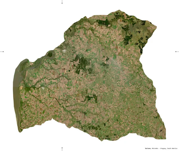 Soriano, Uruguay Departmanı. Sentinel-2 uydu görüntüleri. Beyaz üzerinde izole edilmiş şekil. Tanımı, başkentin yeri. Değiştirilmiş Kopernik Sentinel verileri içerir