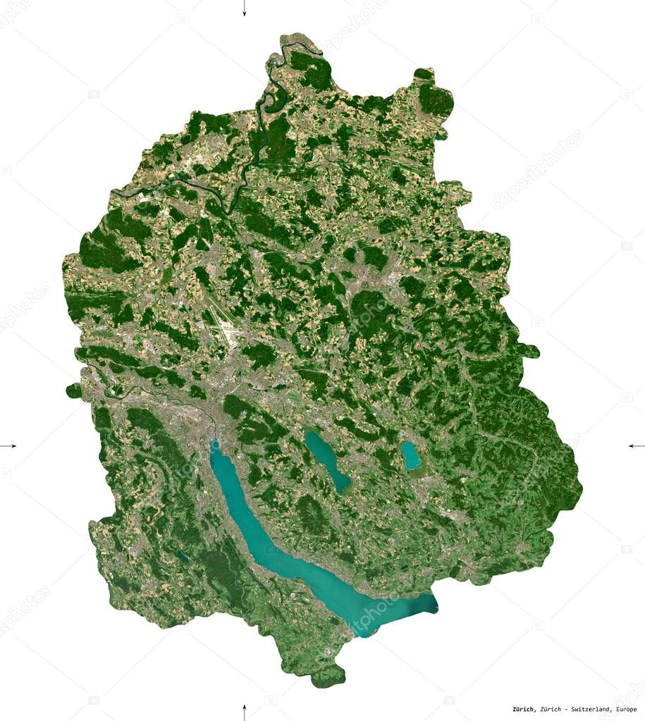 Zurich, canton of Switzerland. Sentinel-2 satellite imagery. Shape isolated on white. Description, location of the capital. Contains modified Copernicus Sentinel data