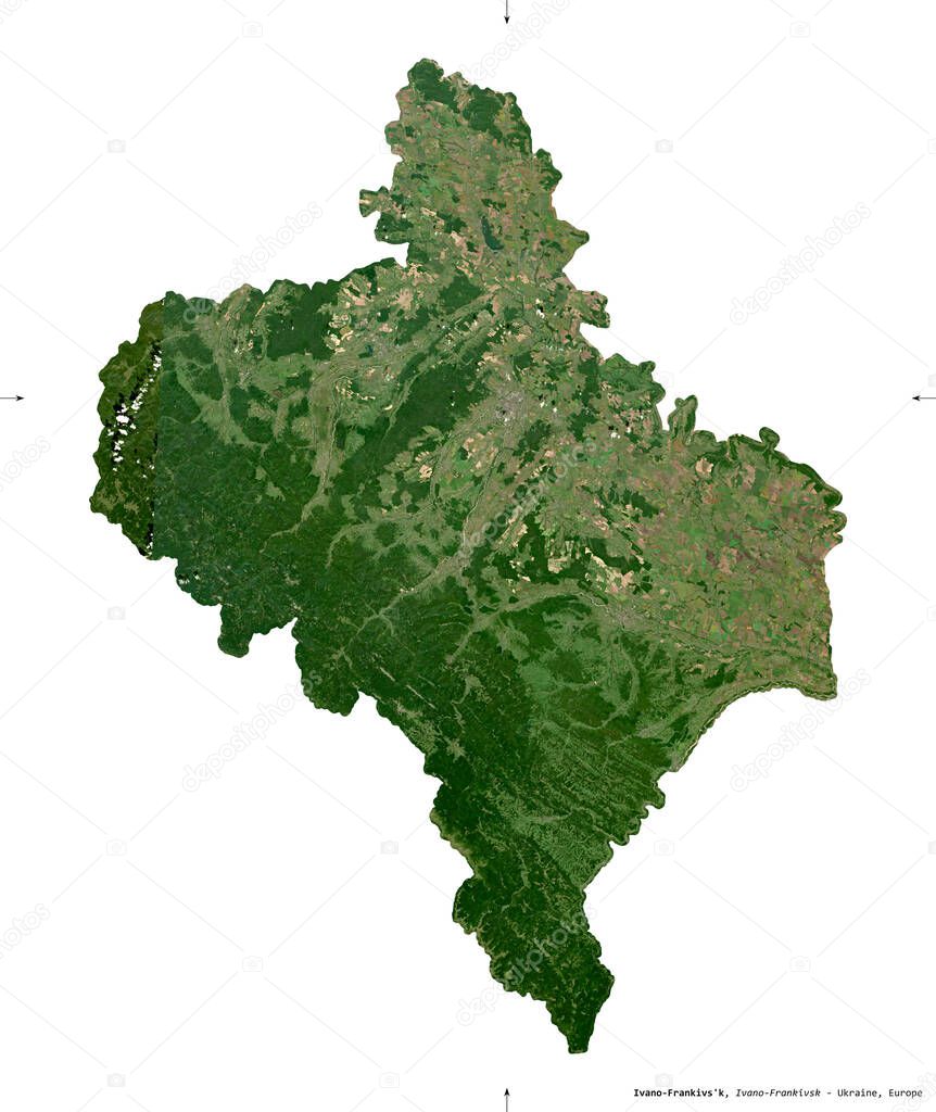 Ivano-Frankivs'k, region of Ukraine. Sentinel-2 satellite imagery. Shape isolated on white. Description, location of the capital. Contains modified Copernicus Sentinel data