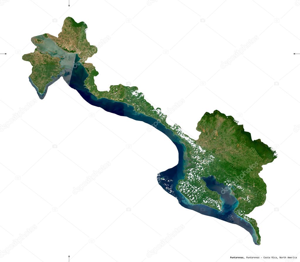 Puntarenas, province of Costa Rica. Sentinel-2 satellite imagery. Shape isolated on white solid. Description, location of the capital. Contains modified Copernicus Sentinel data