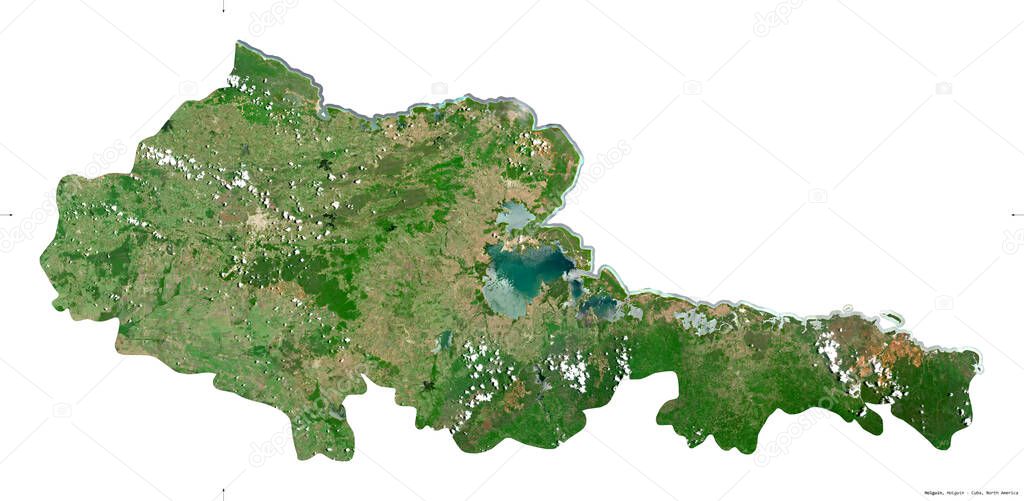 Holguin, province of Cuba. Sentinel-2 satellite imagery. Shape isolated on white solid. Description, location of the capital. Contains modified Copernicus Sentinel data