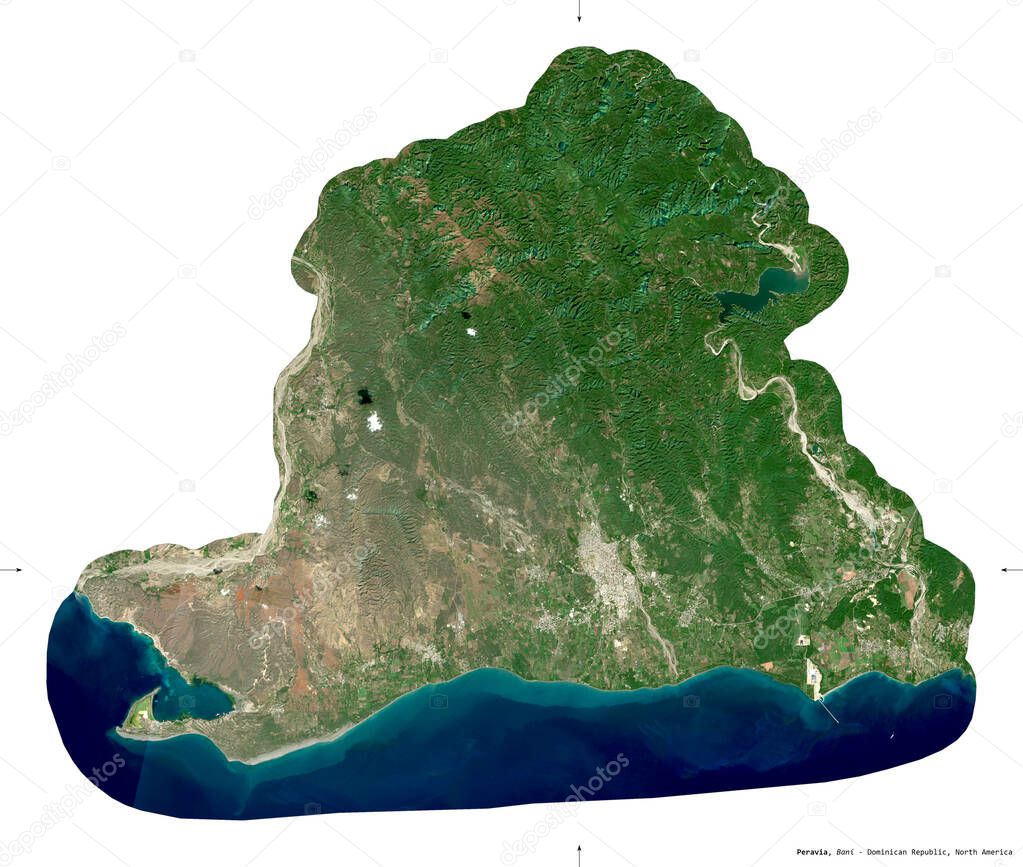 Peravia, province of Dominican Republic. Sentinel-2 satellite imagery. Shape isolated on white. Description, location of the capital. Contains modified Copernicus Sentinel data