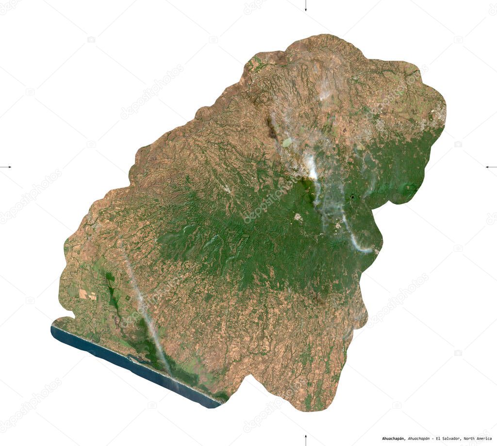 Ahuachapan, department of El Salvador. Sentinel-2 satellite imagery. Shape isolated on white solid. Description, location of the capital. Contains modified Copernicus Sentinel data