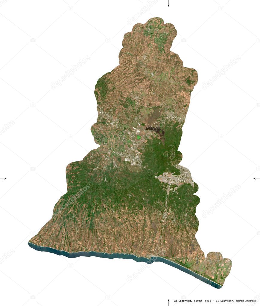 La Libertad, department of El Salvador. Sentinel-2 satellite imagery. Shape isolated on white solid. Description, location of the capital. Contains modified Copernicus Sentinel data