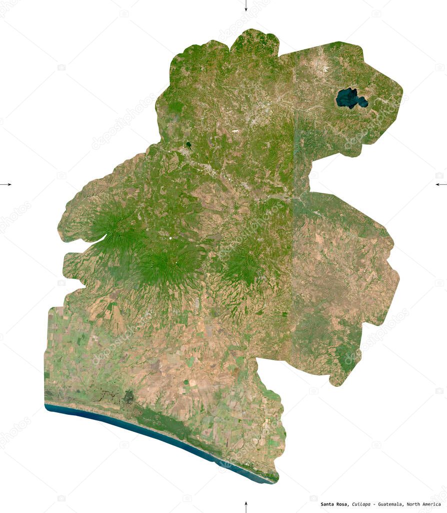 Santa Rosa, department of Guatemala. Sentinel-2 satellite imagery. Shape isolated on white solid. Description, location of the capital. Contains modified Copernicus Sentinel data