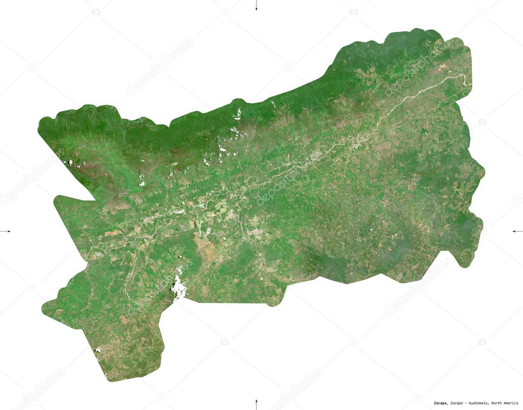Zacapa, department of Guatemala. Sentinel-2 satellite imagery. Shape isolated on white solid. Description, location of the capital. Contains modified Copernicus Sentinel data