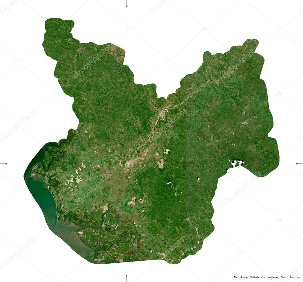 Choluteca, department of Honduras. Sentinel-2 satellite imagery. Shape isolated on white solid. Description, location of the capital. Contains modified Copernicus Sentinel data
