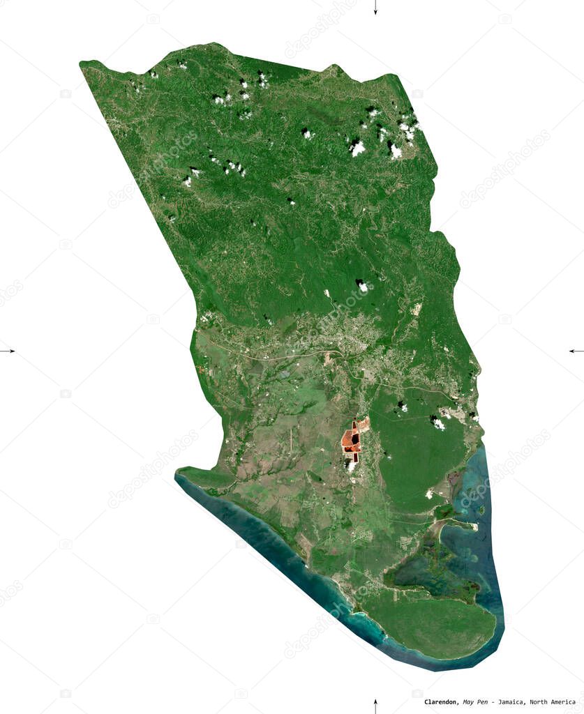 Clarendon, parish of Jamaica. Sentinel-2 satellite imagery. Shape isolated on white. Description, location of the capital. Contains modified Copernicus Sentinel data