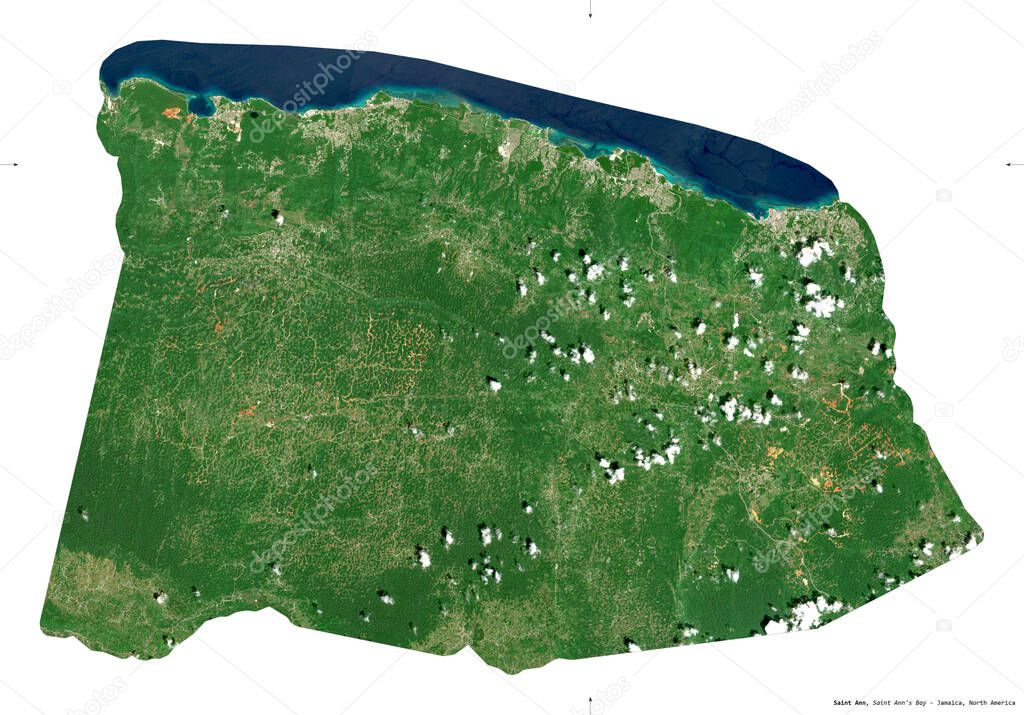 Saint Ann, parish of Jamaica. Sentinel-2 satellite imagery. Shape isolated on white. Description, location of the capital. Contains modified Copernicus Sentinel data