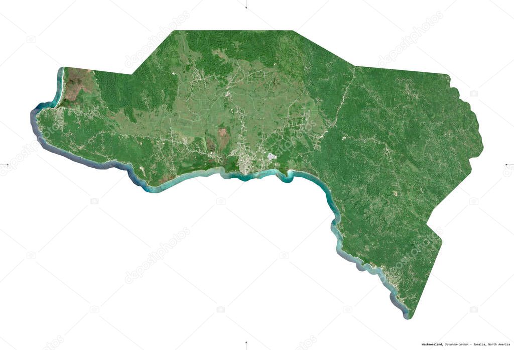 Westmoreland, parish of Jamaica. Sentinel-2 satellite imagery. Shape isolated on white. Description, location of the capital. Contains modified Copernicus Sentinel data