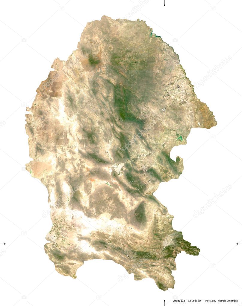 Coahuila, state of Mexico. Sentinel-2 satellite imagery. Shape isolated on white. Description, location of the capital. Contains modified Copernicus Sentinel data