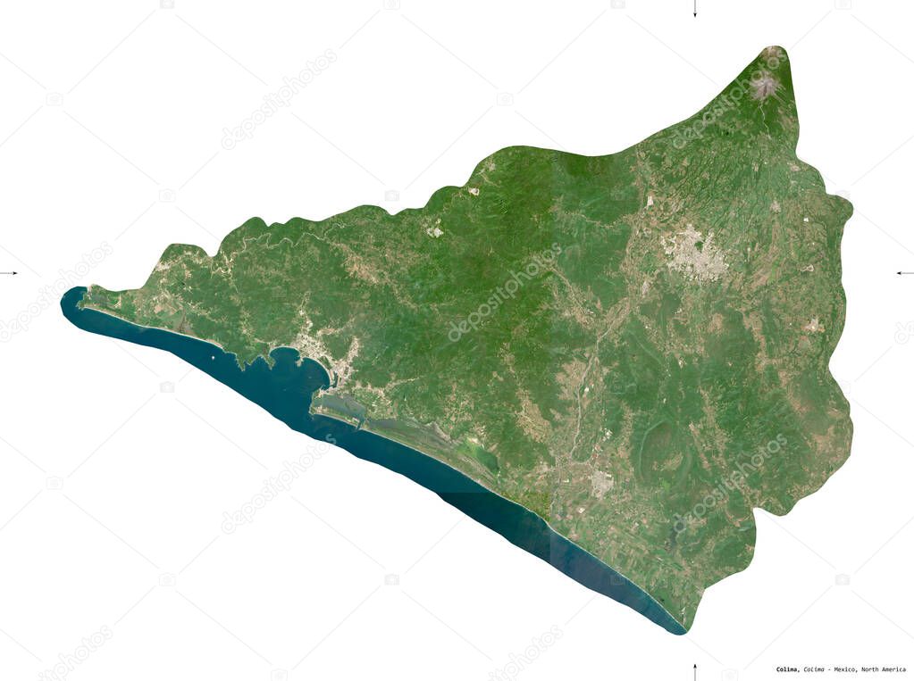 Colima, state of Mexico. Sentinel-2 satellite imagery. Shape isolated on white. Description, location of the capital. Contains modified Copernicus Sentinel data