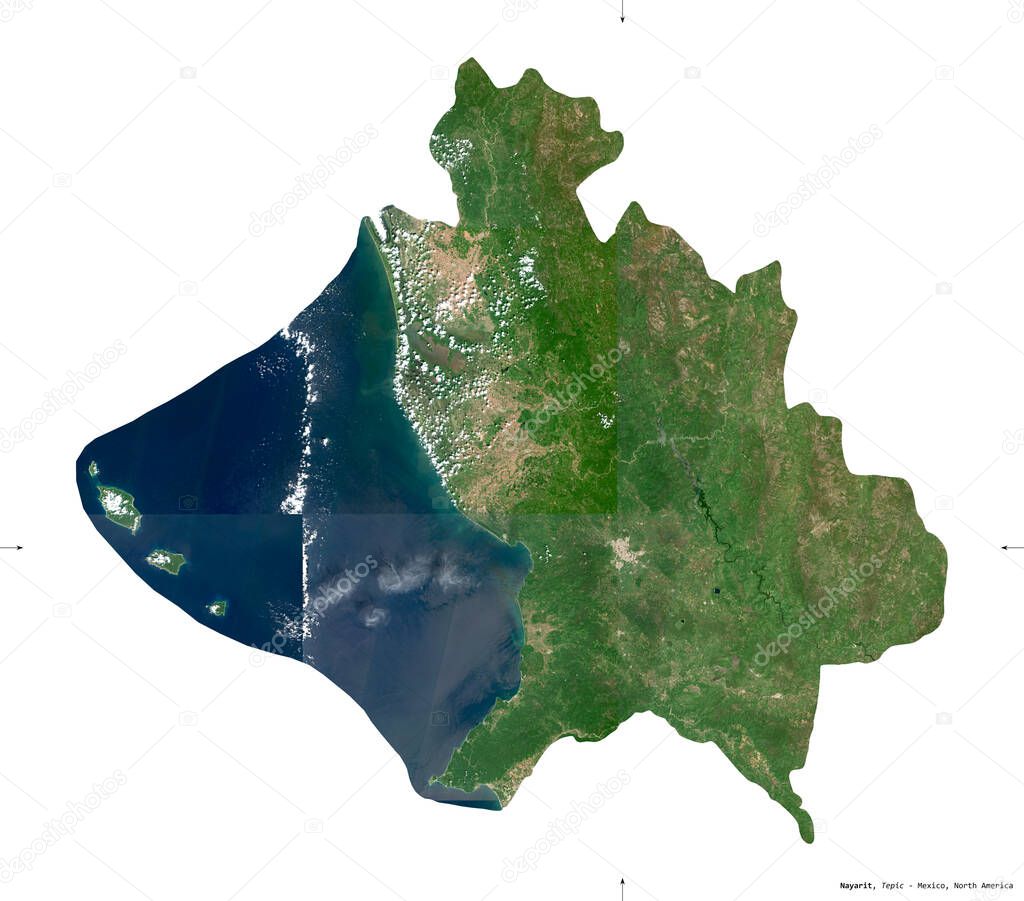 Nayarit, state of Mexico. Sentinel-2 satellite imagery. Shape isolated on white. Description, location of the capital. Contains modified Copernicus Sentinel data