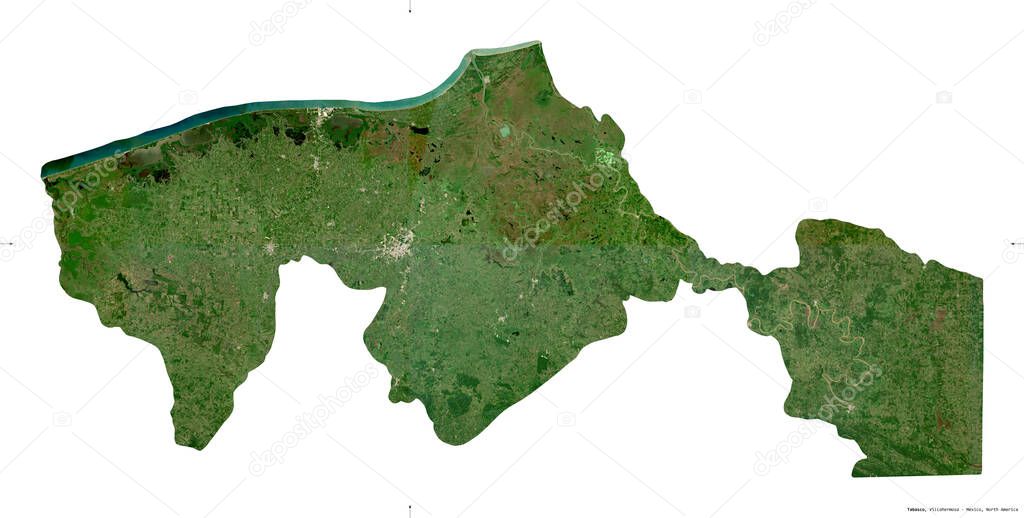 Tabasco, state of Mexico. Sentinel-2 satellite imagery. Shape isolated on white. Description, location of the capital. Contains modified Copernicus Sentinel data