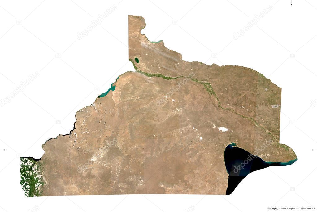 Rio Negro, province of Argentina. Sentinel-2 satellite imagery. Shape isolated on white solid. Description, location of the capital. Contains modified Copernicus Sentinel data