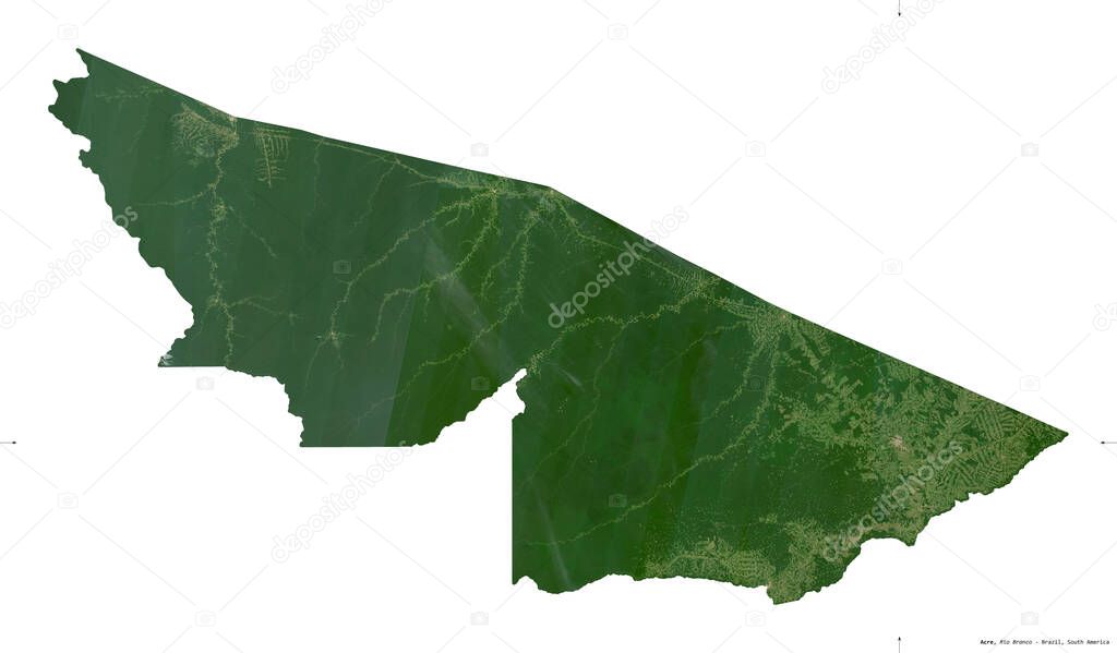 Acre, state of Brazil. Sentinel-2 satellite imagery. Shape isolated on white solid. Description, location of the capital. Contains modified Copernicus Sentinel data