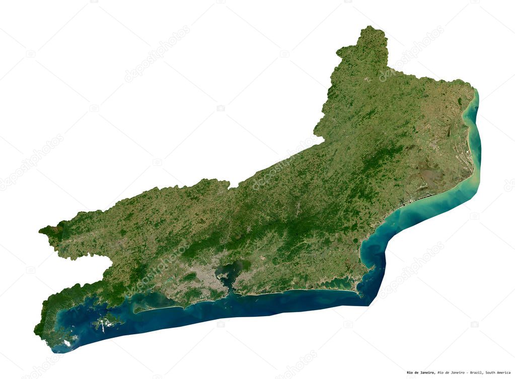 Rio de Janeiro, state of Brazil. Sentinel-2 satellite imagery. Shape isolated on white solid. Description, location of the capital. Contains modified Copernicus Sentinel data
