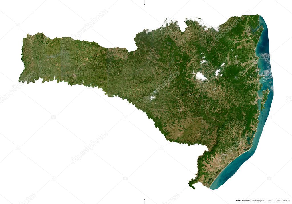 Santa Catarina, state of Brazil. Sentinel-2 satellite imagery. Shape isolated on white solid. Description, location of the capital. Contains modified Copernicus Sentinel data