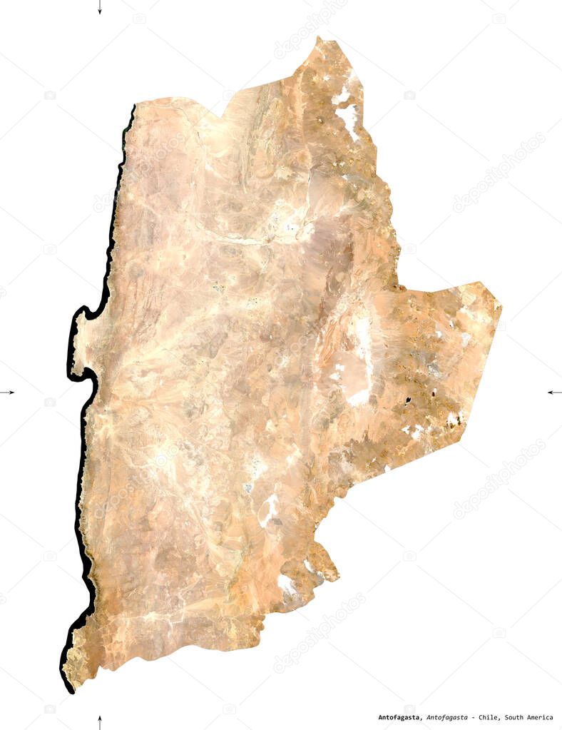 Antofagasta, region of Chile. Sentinel-2 satellite imagery. Shape isolated on white solid. Description, location of the capital. Contains modified Copernicus Sentinel data