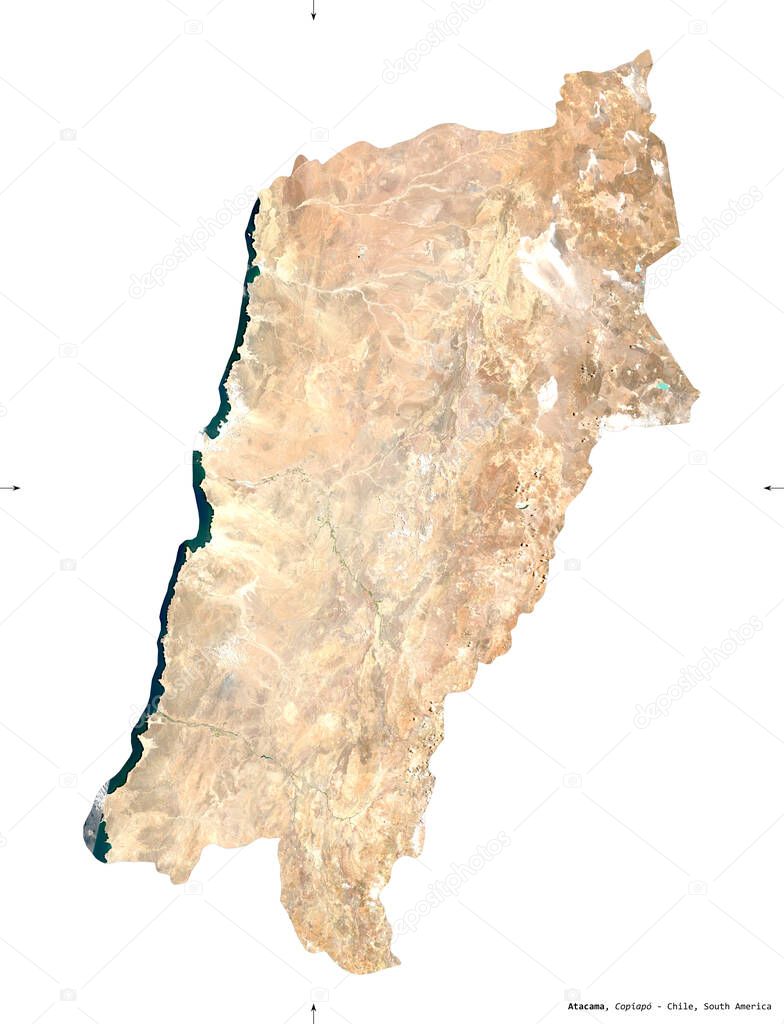 Atacama, region of Chile. Sentinel-2 satellite imagery. Shape isolated on white solid. Description, location of the capital. Contains modified Copernicus Sentinel data
