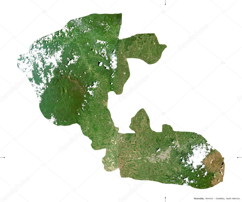 Risaralda, department of Colombia. Sentinel-2 satellite imagery. Shape isolated on white solid. Description, location of the capital. Contains modified Copernicus Sentinel data