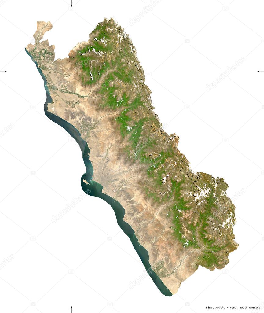 Lima, region of Peru. Sentinel-2 satellite imagery. Shape isolated on white. Description, location of the capital. Contains modified Copernicus Sentinel data