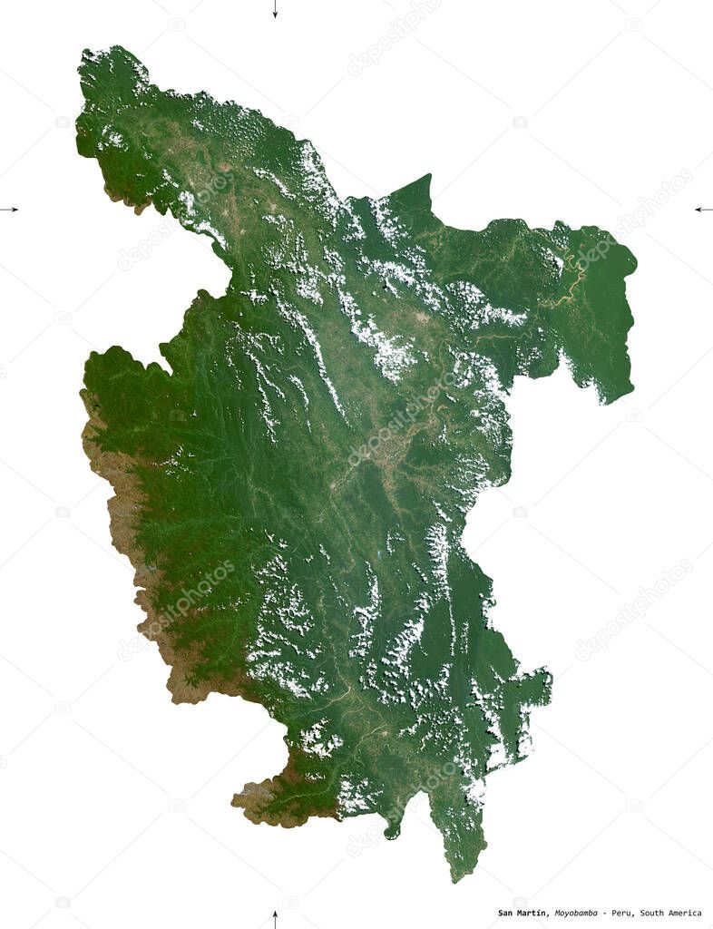 San Martin, region of Peru. Sentinel-2 satellite imagery. Shape isolated on white. Description, location of the capital. Contains modified Copernicus Sentinel data