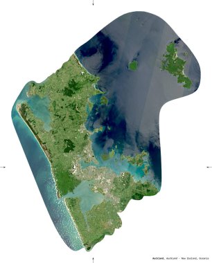 Auckland, Yeni Zelanda bölge konseyi. Sentinel-2 uydu görüntüleri. Beyaz üzerinde izole edilmiş şekil. Tanımı, başkentin yeri. Değiştirilmiş Kopernik Sentinel verileri içerir