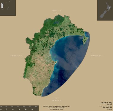 Hawke Körfezi, Yeni Zelanda bölge konseyi. Sentinel-2 uydu görüntüleri. Bilgilendirici örtülerle sağlam arkaplanda izole edilmiş şekil. Değiştirilmiş Kopernik Sentinel verileri içerir