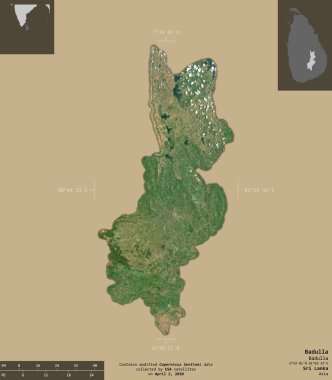 Badulla, Sri Lanka bölgesi. Sentinel-2 uydu görüntüleri. Bilgilendirici örtülerle sağlam arkaplanda izole edilmiş şekil. Değiştirilmiş Kopernik Sentinel verileri içerir