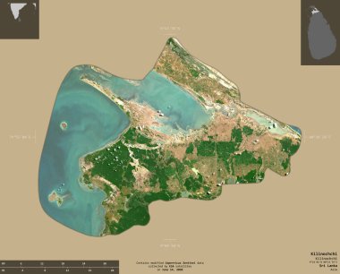 Kilinochchi, Sri Lanka bölgesi. Sentinel-2 uydu görüntüleri. Bilgilendirici örtülerle sağlam arkaplanda izole edilmiş şekil. Değiştirilmiş Kopernik Sentinel verileri içerir