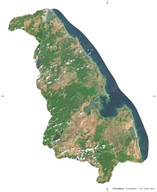 Trincomalee, Sri Lanka bölgesi. Sentinel-2 uydu görüntüleri. Beyaz üzerinde izole edilmiş şekil. Tanımı, başkentin yeri. Değiştirilmiş Kopernik Sentinel verileri içerir