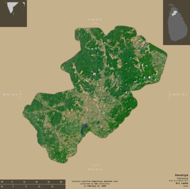 Vavuniya, Sri Lanka bölgesi. Sentinel-2 uydu görüntüleri. Bilgilendirici örtülerle sağlam arkaplanda izole edilmiş şekil. Değiştirilmiş Kopernik Sentinel verileri içerir