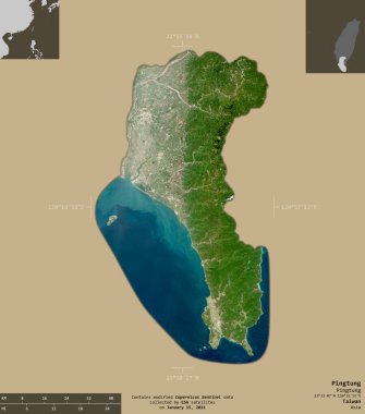Pingtung, Tayvan Bölgesi. Sentinel-2 uydu görüntüleri. Bilgilendirici örtülerle sağlam arkaplanda izole edilmiş şekil. Değiştirilmiş Kopernik Sentinel verileri içerir