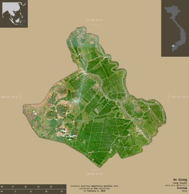 Bir Giang, Vietnam vilayeti. Sentinel-2 uydu görüntüleri. Bilgilendirici örtülerle sağlam arkaplanda izole edilmiş şekil. Değiştirilmiş Kopernik Sentinel verileri içerir