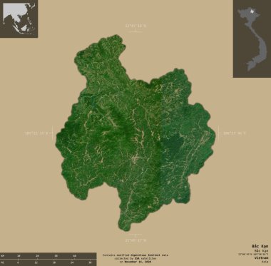 Bac Kan, Vietnam vilayeti. Sentinel-2 uydu görüntüleri. Bilgilendirici örtülerle sağlam arkaplanda izole edilmiş şekil. Değiştirilmiş Kopernik Sentinel verileri içerir