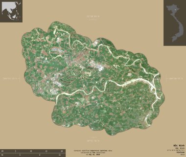 Bac Ninh, Vietnam vilayeti. Sentinel-2 uydu görüntüleri. Bilgilendirici örtülerle sağlam arkaplanda izole edilmiş şekil. Değiştirilmiş Kopernik Sentinel verileri içerir