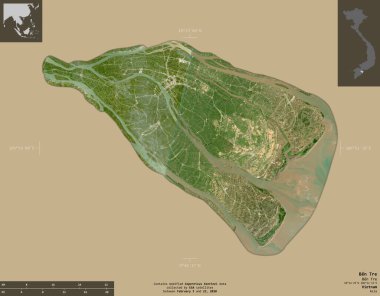 Ben Tre, Vietnam vilayeti. Sentinel-2 uydu görüntüleri. Bilgilendirici örtülerle sağlam arkaplanda izole edilmiş şekil. Değiştirilmiş Kopernik Sentinel verileri içerir