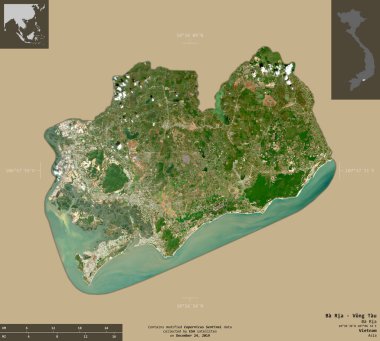 Ba Ria - Vung Tau, Vietnam vilayeti. Sentinel-2 uydu görüntüleri. Bilgilendirici örtülerle sağlam arkaplanda izole edilmiş şekil. Değiştirilmiş Kopernik Sentinel verileri içerir
