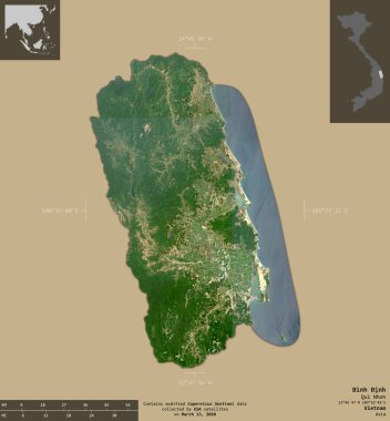 Binh Inh, Vietnam vilayeti. Sentinel-2 uydu görüntüleri. Bilgilendirici örtülerle sağlam arkaplanda izole edilmiş şekil. Değiştirilmiş Kopernik Sentinel verileri içerir