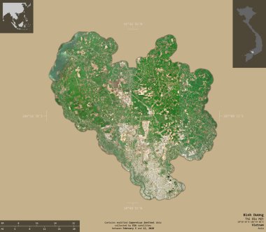 Binh Duong, Vietnam vilayeti. Sentinel-2 uydu görüntüleri. Bilgilendirici örtülerle sağlam arkaplanda izole edilmiş şekil. Değiştirilmiş Kopernik Sentinel verileri içerir