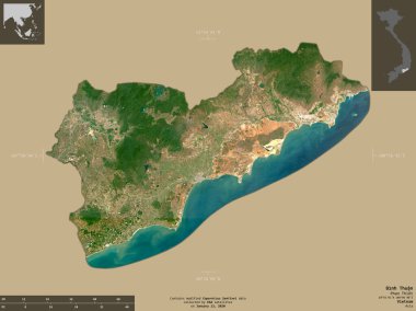 Binh Thuan, Vietnam vilayeti. Sentinel-2 uydu görüntüleri. Bilgilendirici örtülerle sağlam arkaplanda izole edilmiş şekil. Değiştirilmiş Kopernik Sentinel verileri içerir